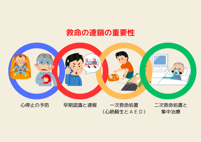 イラスト：心停止の予防、早期認識と通報、一次救命処置（心肺蘇生とAED)、二次救命処置と集中治療
