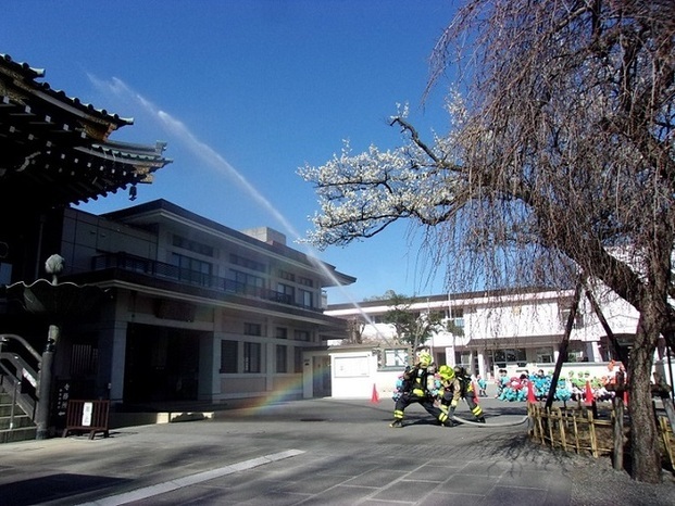 写真：放水訓練と幼稚園児たち