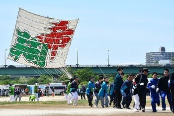 市内中学生によって空高く揚げられた3間凧「希翔」