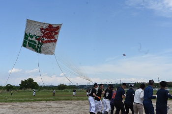 4間凧「座間」が空高く舞い上がっている様子