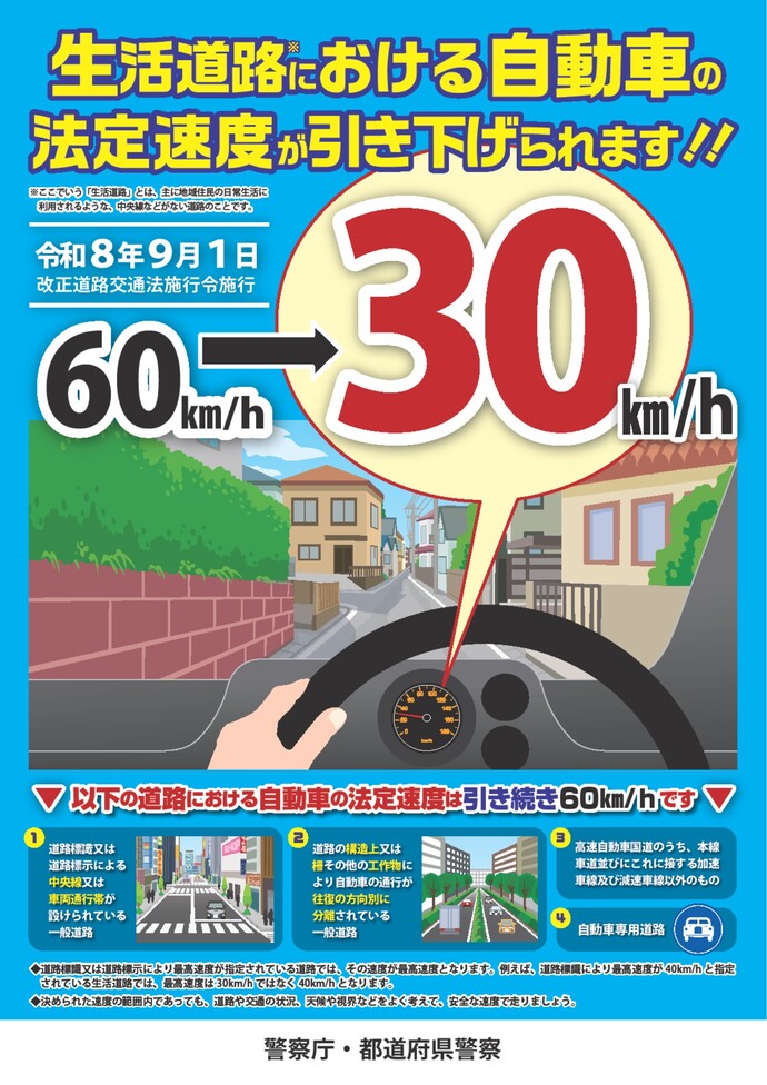 画像：生活道路における自動車の法定速度が引き下げられることを知らせる警視庁・都道府県警察のポスター。令和8年9月1日から60キロメートル毎時から30キロメートル毎時に変更されます。